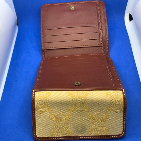 Auth CELINE Macadam Yellow Dark Brown Denim Leather Double-hook Wallet - Picture 11 of 15